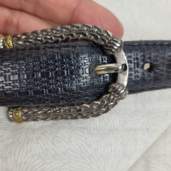 Brighton black textured leather belt mixed metal woven look silver gold finish L - Picture 3 of 7